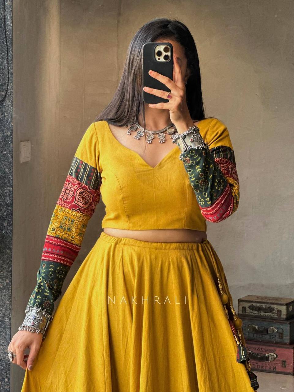 Mustard Yellow Printed Rayon Lehenga Choli with 4 Mtr Flair